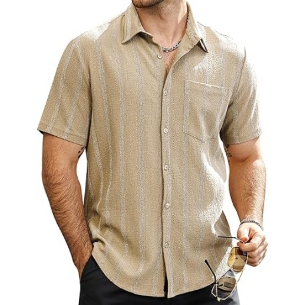 Mens Summer Striped Button Down Short Sleeve Hawaiian Shirt Khaki